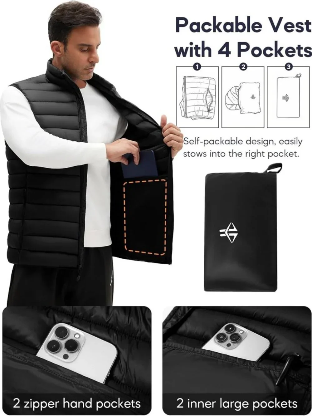 Lightweight Packable Men's Puffer Vest - Sleeveless Outdoor Jacket for All